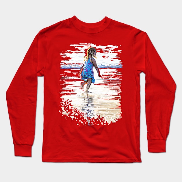 Little girl playing on the beach Long Sleeve T-Shirt by Ripples of Time